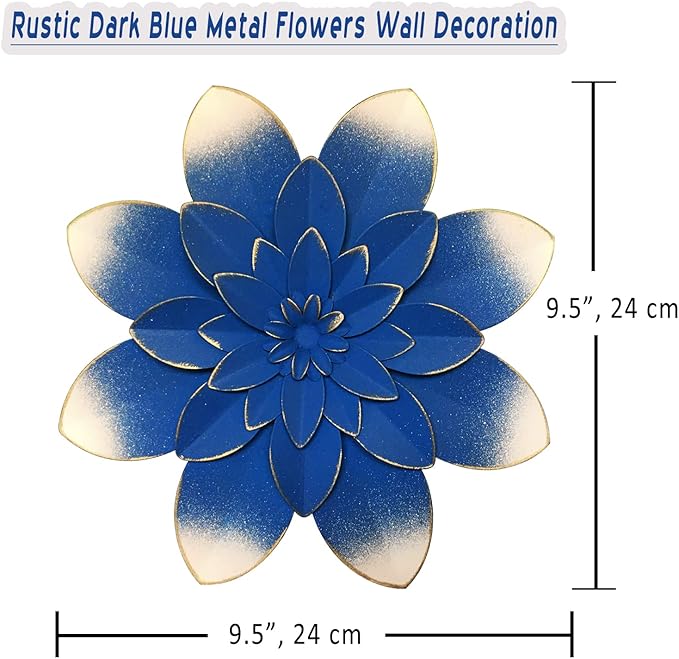 Dark Blue Metal Flower Wall Art Decor, 9.5“ Rustic Modern Floral Sculpture, Distressed Iron Wall Hanging Home Decoration Accent Artworks for Indoor Kitchen Bedroom Living Room Office Outdoor Garden