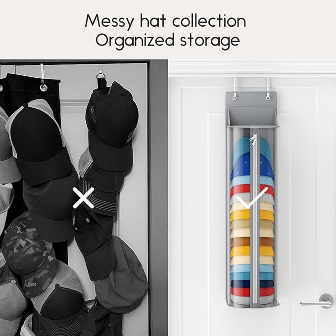 Hat Rack for Door and Closet – Large Capacity Hanging Hat Rack Organizer Holds 30-35 Caps, Over the Door Hat Storage Organizer for Bedroom, Entrance or Dorm, 1 Pack, Grey