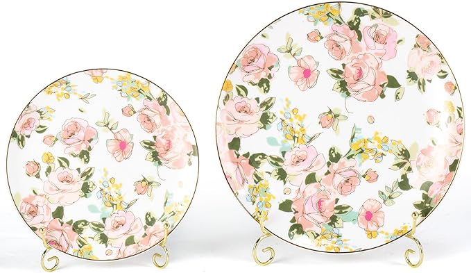 KAMMAK Ceramic Decorative Plate Set of 2, Porcelain Plates for Kitchen Dining Room Wine Cabinet Home Decor, Vintage Collector Plates with 2 Display Stand, Wild Rose (8-inch + 10.5-inch)