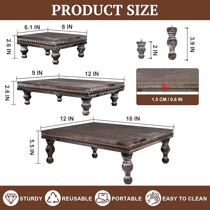MAONAME Wood Display Risers Decorative Tray Set of 3, Farmhouse Pedestal Stand for Display Home Decor, Vintage Brown Beaded Wooden Tray for Kitchen Counter, Short and Tall Footed