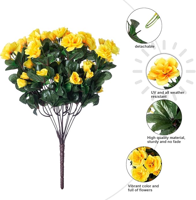 HyeFlora Artificial Fake Flowers Plants for Spring Outdoor Outside Decor, Faux Silk Yellow Camellia UV Resistant Realistic for Planter Front Door Porch Patio Balcony Decoration, 3 Large Bundles
