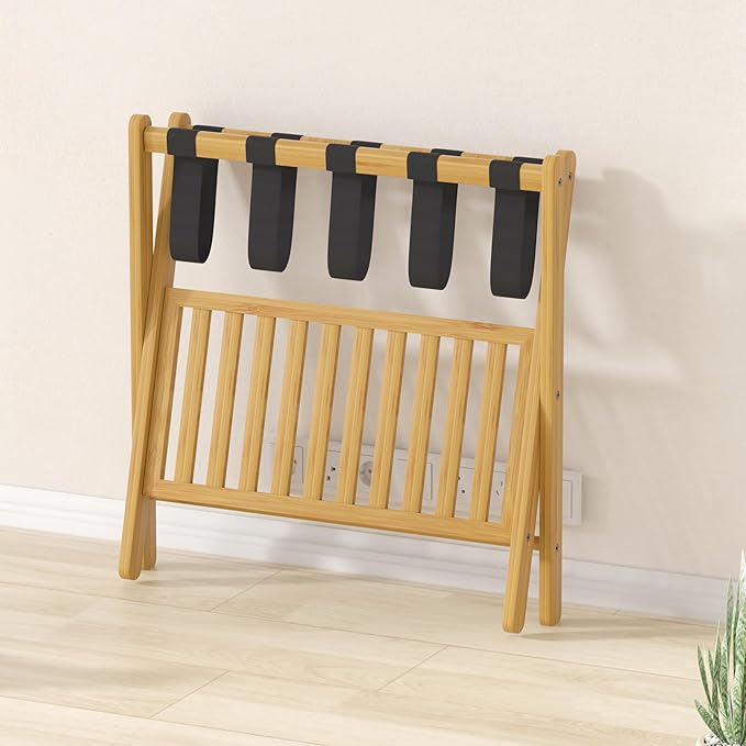 Luggage Racks Set Of 2 Suitcase Stand Foldable With Storage Shelf For Guest Room Hotel Essentials Solid Bamboo Heavy-Duty Item Holder Natural