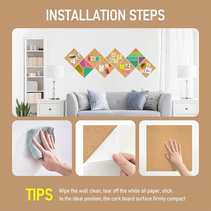 Cork Board Tiles - 8 Packs Adhesive Corkboards for Wall,Small Cork Board Decorations, CorkBoard Squares, Cork Sheet Decorative CorkBoard for Office, School & Home
