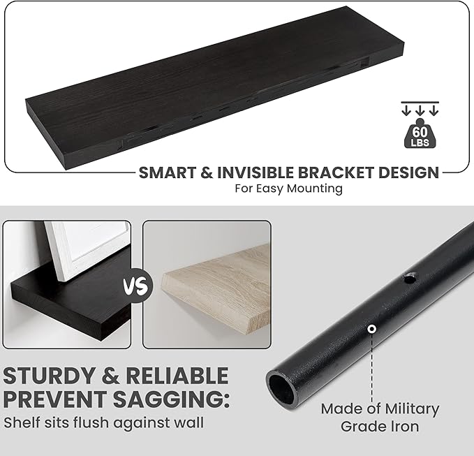 Solid Wood Floating Shelves For Wall, 36”W x 9”D x 1.56”H Large Wall Shelves for Living Room Bedroom Bathroom Kitchen Drcor Storage with Invisible Heavy-Duty Metal Bracket, Carbonized Oak, 2 Pack