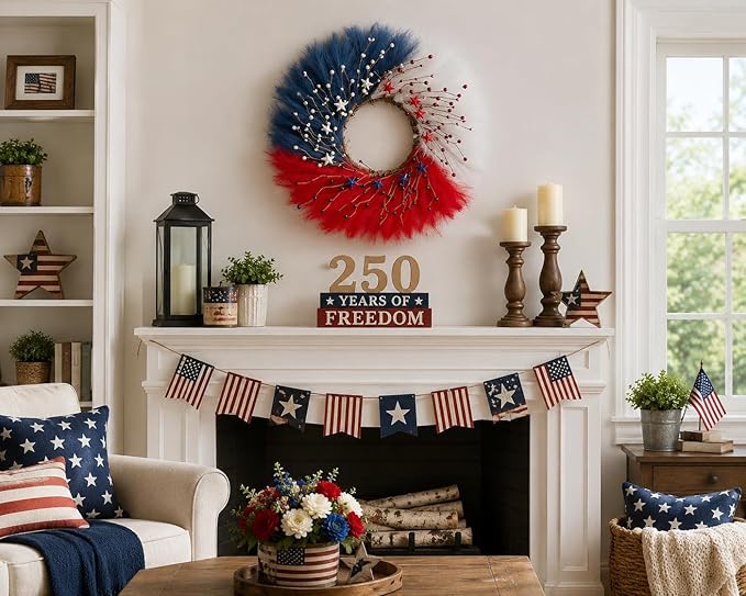 TEMPUS 30 Inch Patriotic Wreath for Front Door, Artificial Pampas Grass Reeds Wreath with Red White Blue Berries and Metal Stars, 4th of July Memorial Day Decor