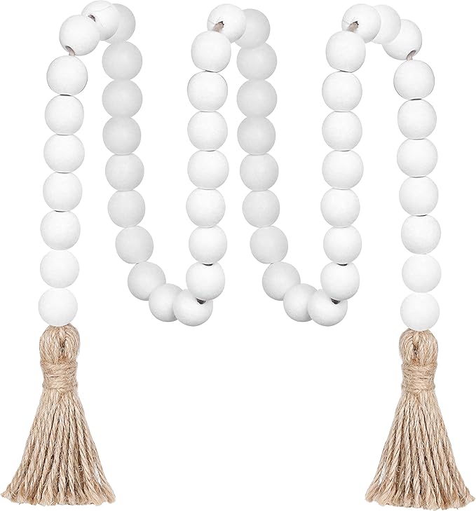 Meplait 39in Wood Bead Garland Farmhouse with Tassels,Versatile Prayer Beads Boho Chic Wall Hanging Home Decor (White)