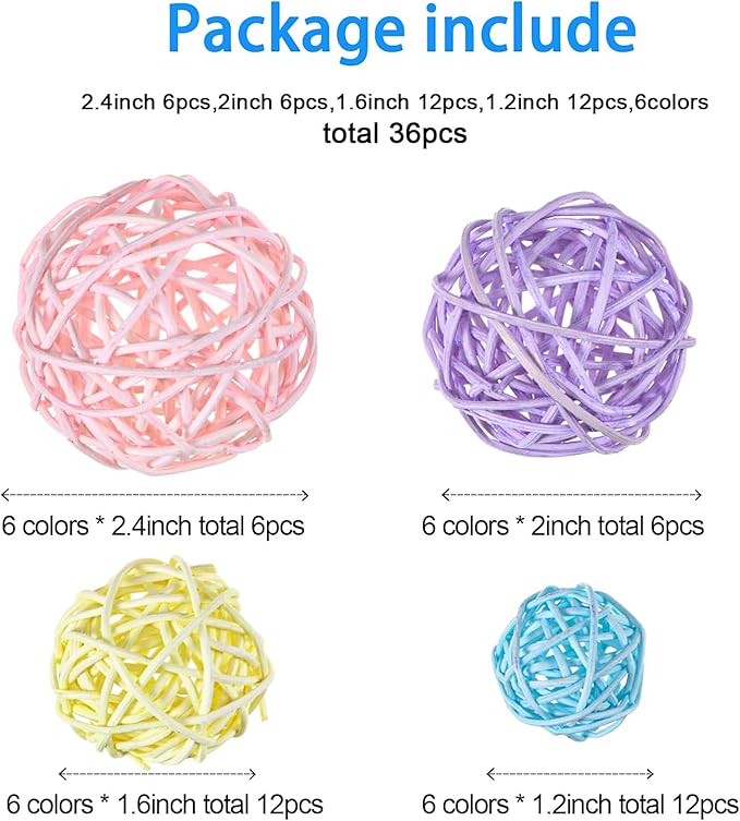 Patelai 36 Pcs Wicker Rattan Balls Decorative Balls for Vase Centerpiece Bowls Orbs Filler for Home Decor,4 Sizes(Macaron Color,2.4'',2'',1.6'',1.2'')