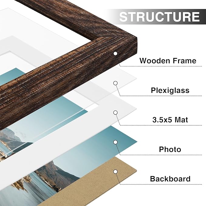 Vittanly 4x6 Picture Frames Set of 9, Shatter Resistant Plexiglass, Display 3.5x5 Pictures with Mat or 4x6 without Mat, Photo Frames for Wall or Tabletop, Engineered Wood, Brown