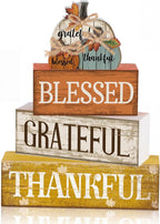 Lineshading 4 Pcs Fall Pumpkin Decor Fall Table Decoration Thanksgiving Tiered Tray Decor Thanksgiving Centerpiece Rustic Stacked Pumpkin Block Signs Farmhouse Harvest Decoration for Home Kitchen