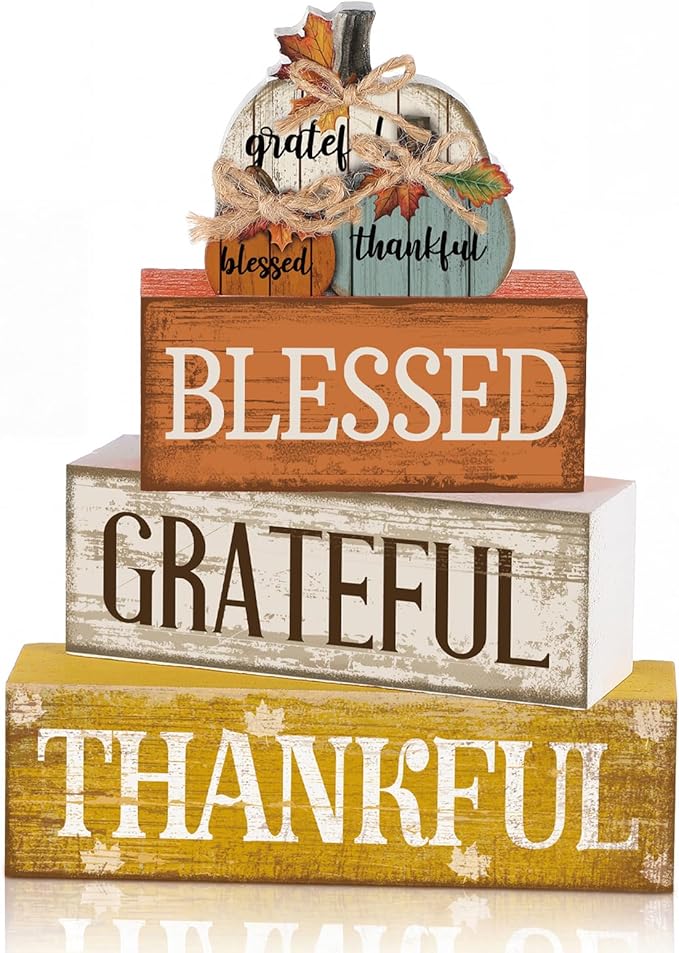 Lineshading 4 Pcs Fall Pumpkin Decor Fall Table Decoration Thanksgiving Tiered Tray Decor Thanksgiving Centerpiece Rustic Stacked Pumpkin Block Signs Farmhouse Harvest Decoration for Home Kitchen