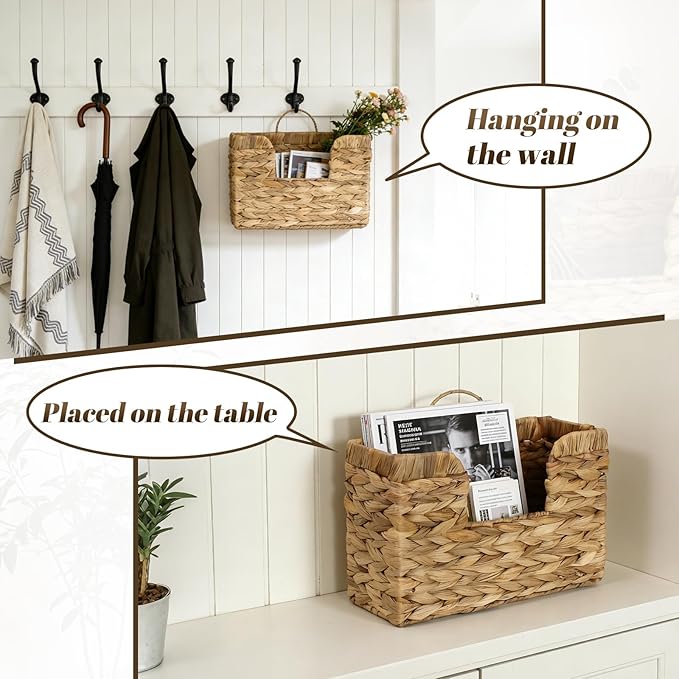 Hanging Magazine Basket for Mail Book File - Woven Wall Magazine Holder Storage for bathroom Kitchen Office - Water Hyacinth Farmhouse Storage