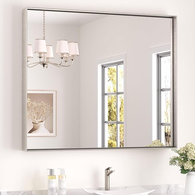 Keonjinn 42 x 36 in Brushed Nickel Mirror for Bathroom Sink, Rectangular Metal Framed Vanity Wall Mirror Square Corner Aluminum Alloy Modern Rectangle Silver Mirror for Over Sink(Horizontal/Vertical)