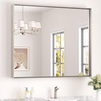 Keonjinn 42 x 36 in Brushed Nickel Mirror for Bathroom Sink, Rectangular Metal Framed Vanity Wall Mirror Square Corner Aluminum Alloy Modern Rectangle Silver Mirror for Over Sink(Horizontal/Vertical)