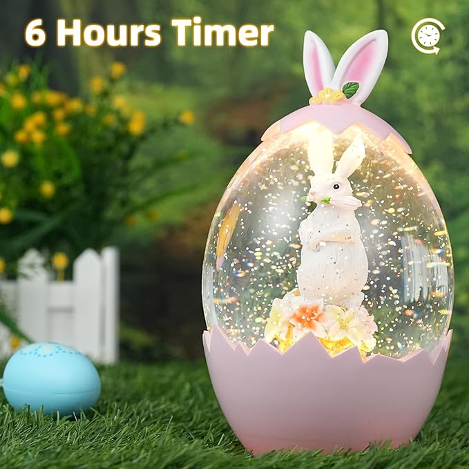 Easter Snow Globe Lantern with 6H Timer, Lighted Swirling Glitter Bunny and Eggs Decor, USB/Battery Operated Easter Decorations for Home, Spring Holiday Centerpiece or Gift