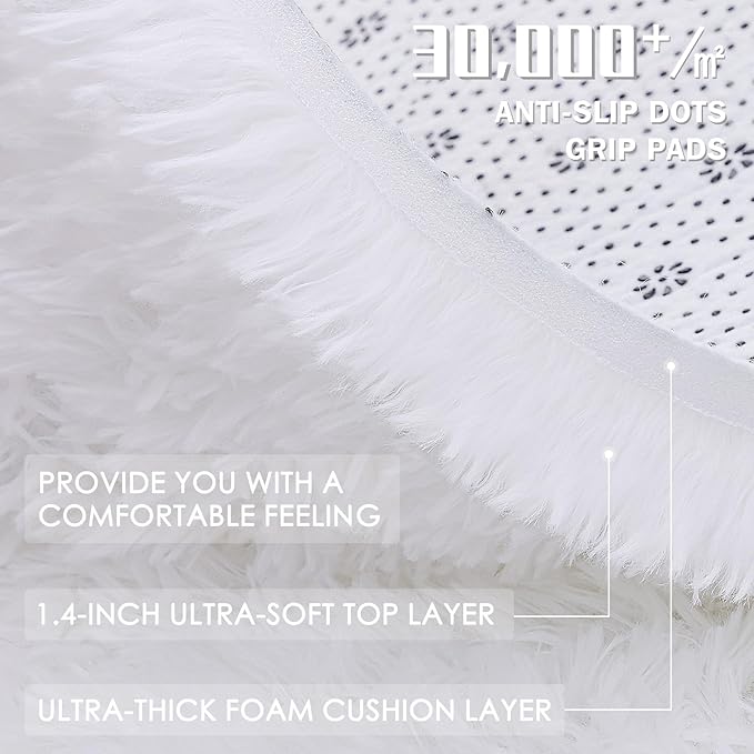 OLANLY White Round Rugs for Bedroom - Machine Washable, 3 ft Circle Area Rugs for Living Room, Soft and Fluffy Shaggy Carpet for Teen Girls and Boys, Nursery Rooms, Dorms, Home Decor Aesthetic
