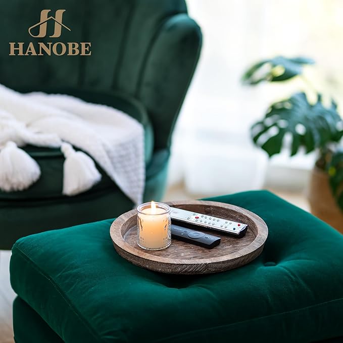 Hanobe Rustic Wooden Serving Tray: Set of 2 Round Wood Butler Decorative Tray Vintage Centerpiece Candle Holder Trays Farmhouse Ottoman Tray for Kitchen Countertop Home Decor for Coffee Table