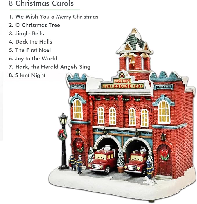 MOMENTS IN TIME Vintage Fire Department Christmas Village 12.2” LED Lights, Music & Moving Fire Trucks, Polyresin Lighted Holiday Building, Adapter Operated Holiday Decoration
