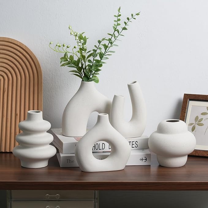 CUCUMI Ceramic Flower Vase Set of 5 Modern Nordic Boho Style Decorative Vases Home Decor, Matte Ceramic Decorations for Living Room Shelf, Bookshelf Mantle Entryway Table or Console Décor