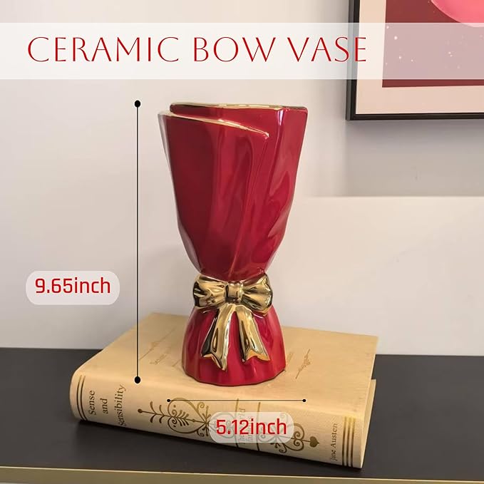 Red and Gold Bow Ceramic Vase - Flower Vases for Home Decor, Bow Decor, Boho Style, 9.65 Inch Flower Vases for Bouquet, Large Vase for Ideal Shelf Decor/Table (Red and Gold, Large)
