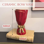 Red and Gold Bow Ceramic Vase - Flower Vases for Home Decor, Bow Decor, Boho Style, 9.65 Inch Flower Vases for Bouquet, Large Vase for Ideal Shelf Decor/Table (Red and Gold, Large)