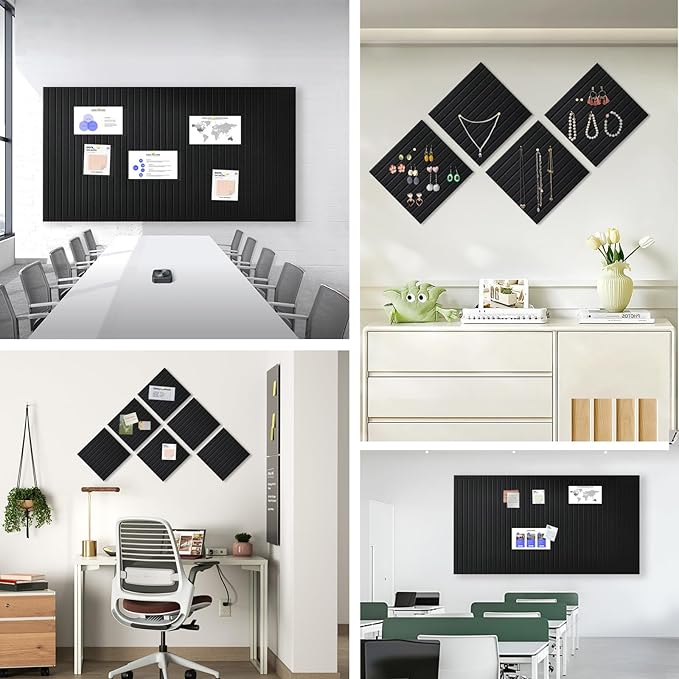 Large Cork Board for Office, 8 Pack Felt Wall Tiles with Slat Wall Paneling and Safe Removable Adhesive Tabs, Felt Bulletin Board Pin Board Cork Boards for Walls - Black