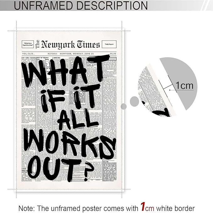 Retro Black And White Newspaper Poster What If It All Works Out Canvas Wall Art Positive Affirming Quote Minimalist Prints Painting For Home Bedroom Dorm Wall Decor 12x16in Unframed