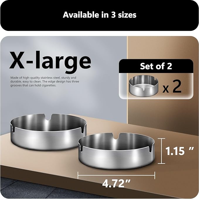 roygra Ash Tray (2 Pack), Outdoor Ashtray for Outside Patio, Stainless Steel Ashtrays for Cigarettes with 3 Holder, Smoking Accessories, Home Décor, Ashtrays for Smokers Indoor - Silver, X-Large
