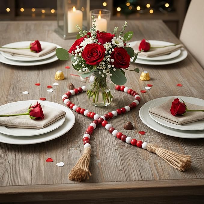 Equsion Seasonal Wooden Bead Garland with Tassels, 3.3 ft Holiday Vintage Boho Bead Garland Easter Tray Decoration, Vase Wall Room Art Birthday Party Decoration(Burgundy, Red, White)