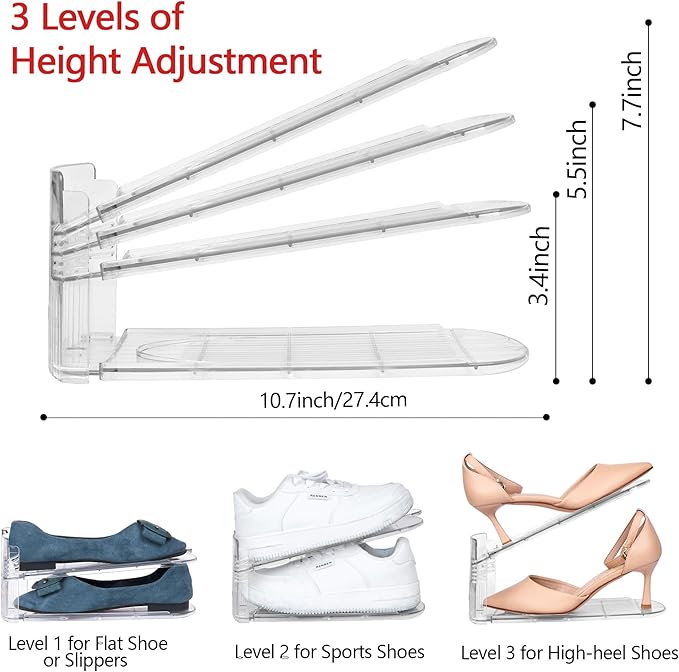 Yes!Fresh Shoe Slots Organizer, Adjustable Shoe Rack Stacker Storage Space Saver, Three Deck Shoe Rack Holder for Closet Organization (Clear, 8 Pack)