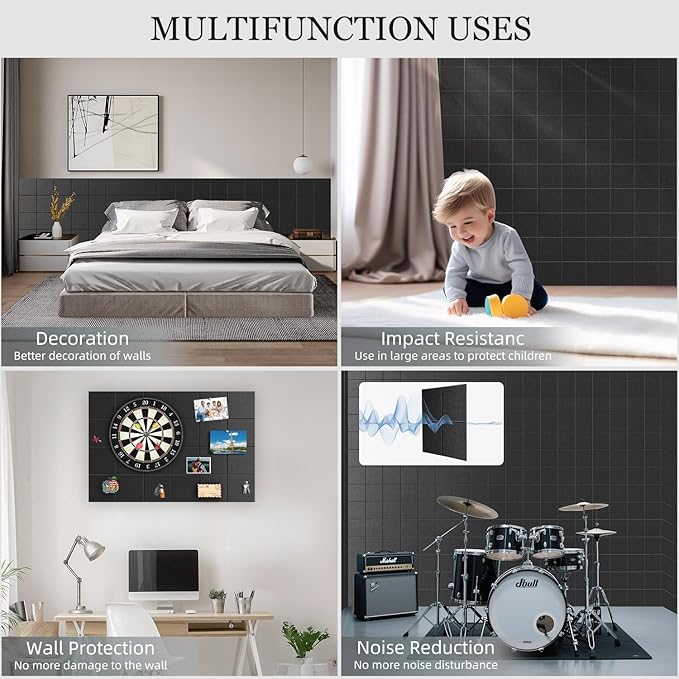 Large Felt Cork Board Alternative - 36" x 24" Black Bulletin Board with 30 Pushpins, 6 Pack Adhesive Cork Board, Sound Absorbing Fabric Wall Tiles, for Office Home Music Class