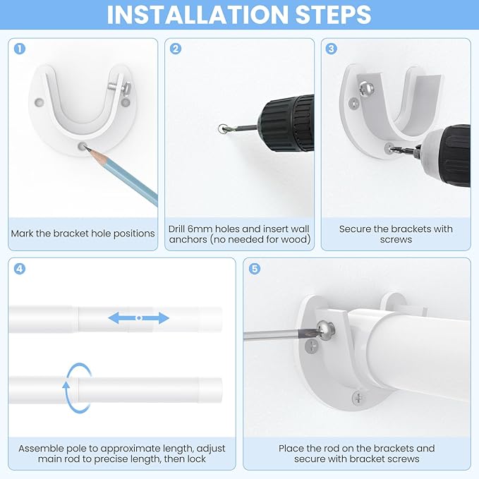 Closet Rods for Hanging Clothes, 17 to 69 Inch Heavy Duty Stepless Adjustable Closet Hanging Rod, 1.3 Inch Diameter Metal Closet Rod for Wardrobes Laundry Bedroom RV, White
