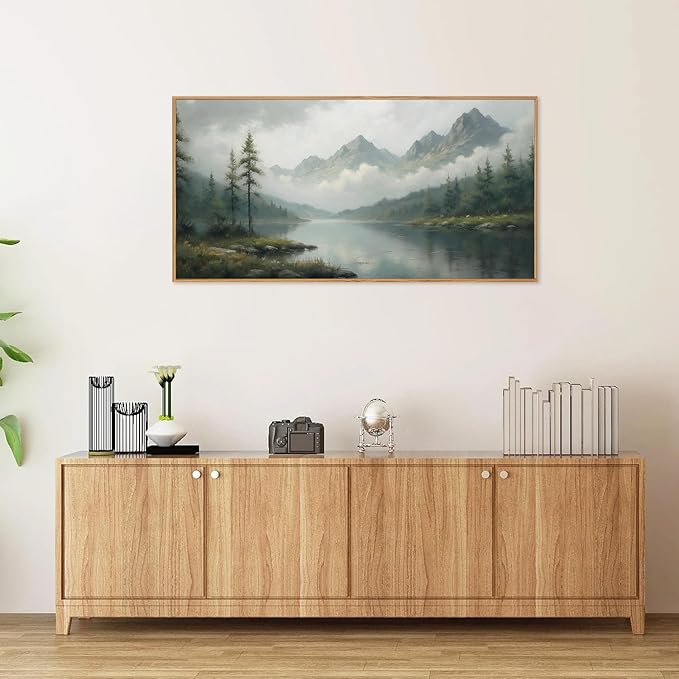 SIGNINART Large Green Forest Framed Canvas Wall Art, Misty Mountain Lake Wall Decor, Modern Foggy Wood Landscape Artwork, Nature Oil Painting Art Print for Living Room, Bedroom, Office 20"x40"