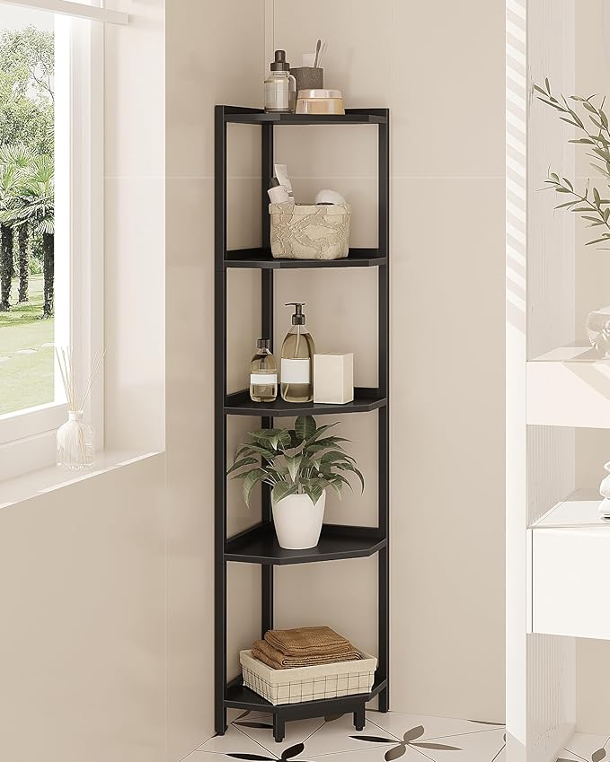 Hzuaneri Corner Shelf Stand, Corner Bookshelf, Storage Standing Shelf Unit with Metal Frame, Plant Stand, Bookcase for Living Room, Home Office, Bedroom, 5-Tier Black CS05906B