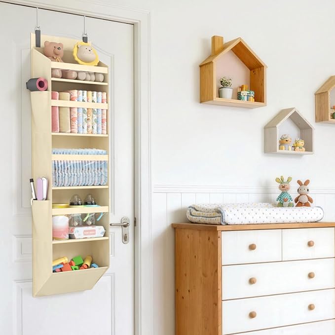 Lifewit 1 Pack Over the Door Organizer, Clear Window Hanging Storage with 4 Side Pockets, Anti Tilt 40 lbs Load Behind Door for Pantry, Nursery, Bathroom, Bedroom, Dorm, 5 Section, Beige