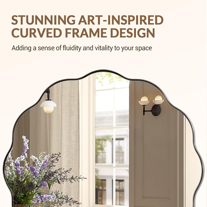 ANDY STAR Brushed Nickel Round Bathroom Mirror, 24 Inch Round Circle Mirror in Stainless Steel Metal Frame, Large Silver Frame with Unique Wavy Design