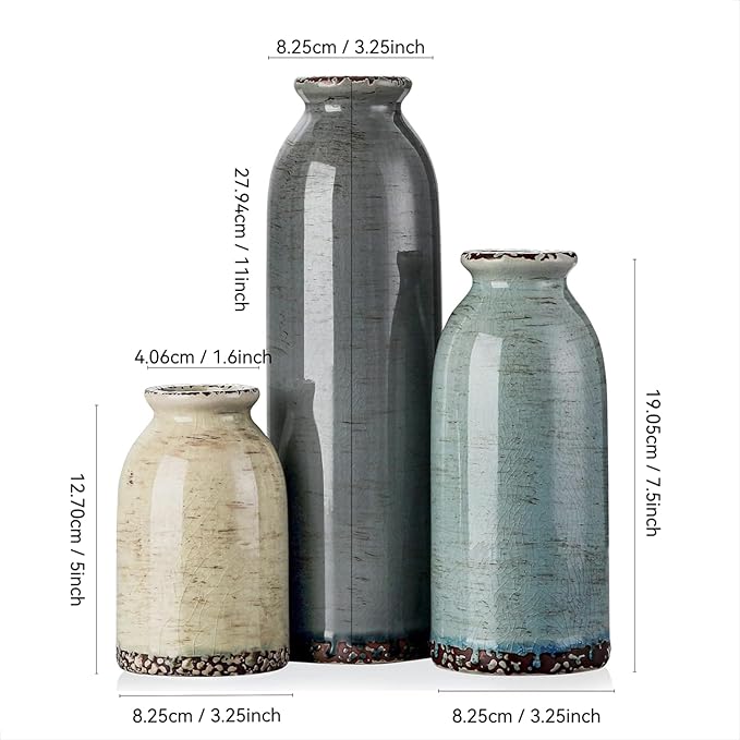 CWLWGO-Ceramic Flower Vase Set of 3, Pottery Decorative Vases for Modern Farmhouse, Living Room Kitchen Table Centerpieces, Idea Bookshelf Mantel and Entrance Decor - Multicolor