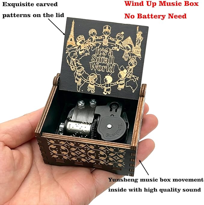Pursuestar Black Wooden Wind Up Music Box - It's a Small World, Vintage Engraved Wood Mechanism Musical Gifts for Anniversary Mother's Day Valentine's Day Christmas Thanksgiving Birthday