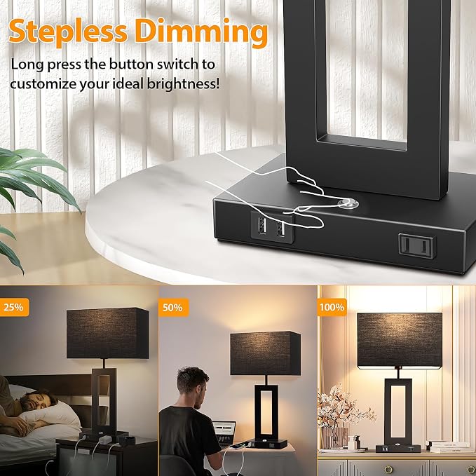 27.2’’ Tall Black Table Lamps for Living Room Bedroom, Bedside Touch Control Lamps with 2 USB Ports&AC Outlet, 3 Color Temp.&Stepless Dimming Desk Lamp Sets for Home Office, Pre-assembled Black Shade