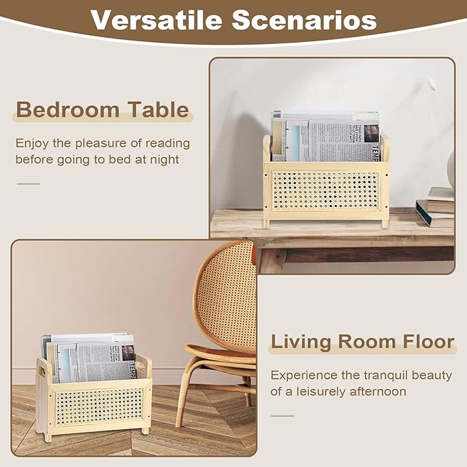 BTSKY Wooden Magazine Rack with Built-in-Handle, Desktop Magazine Holder Modern Rattan Hollow-out Design Mail Organizer, Assembly File Holder Letter Holder Floor Rack for Home & Office, Natural