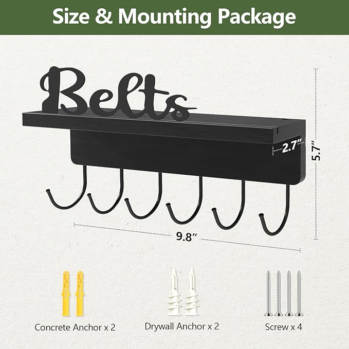 Belt Hanger Organizer for Closet, Wall Mount Belt Rack, Wooden Belt and Tie Organizer for Stores and Displays Mens Accessories (Length 9.8”) Black-Belts