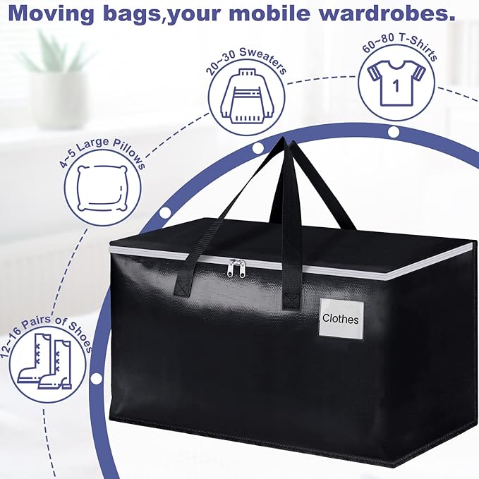 StorageRight Heavy Duty Moving Boxes-Moving Bags with Zipper, Reinforced Handles and Tag Pocket-Collapsible Moving Supplies-Totes for Storage Great for moving, Storage and Travel 93L(Black-6 Pack)