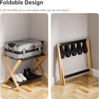 HITNET Luggage Rack 2 Pack, Folding Suitcase Stand for Guest Room, Bamboo Luggage Holder with Storage Shelf for Hotel Bedroom, Natural