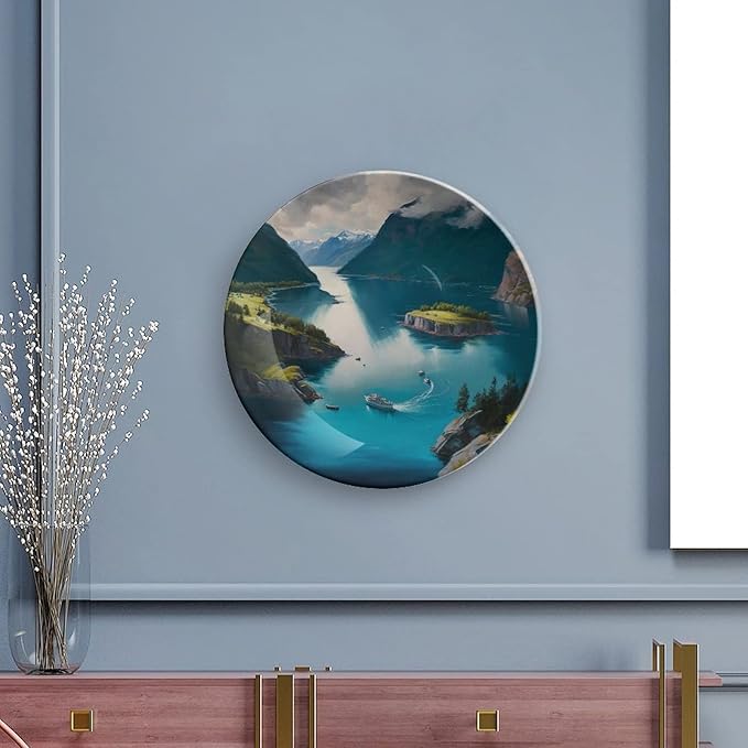 Fjords Mountain Lake & Ship Landscape Decorative Plates Home Decor Ceramic Plates Wedding Gifts Dinner Plates Display for Living Room, Kitchen, Hallway Console Side Table, 7 Inch