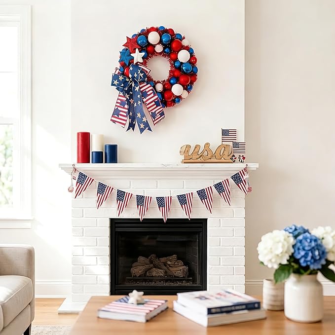 HipTree 13 Inch Patriotic Ball Wreath for Front Door with Lights, 4th of July Wreath with Red White Blue Stars & Ribbon for Memorial Day, Independence Day,Veterans Day, Flag Day,Summer Decorations