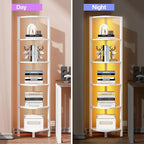 TUTOTAK Corner Shelf with LED Light, 6-Tier Corner Bookshelf for Small Space, Narrow Display Corner Shelf Stand with Storage Rack, for Living Room, Bedroom, White BS08BW006L