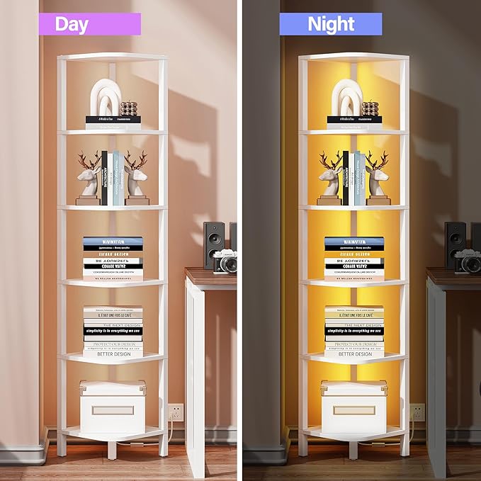 TUTOTAK Corner Shelf with LED Light, 6-Tier Corner Bookshelf for Small Space, Narrow Display Corner Shelf Stand with Storage Rack, for Living Room, Bedroom, White BS08BW006L