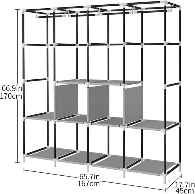Portable Wardrobe Clothing Wardrobe Shelves Clothes Storage Organiser with 4 Hanging Rail,Grey