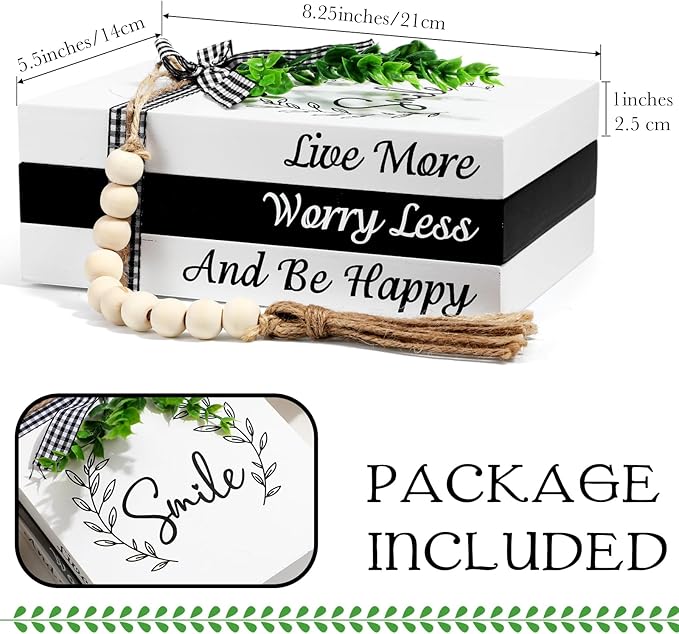 Capoda 3 Pcs Decorative Books for Home Decor Farmhouse Faux Stacked Books Wooden Rustic Table Decor with Bead Garland Twine Ribbon Faux Leaf for Table (Smile)