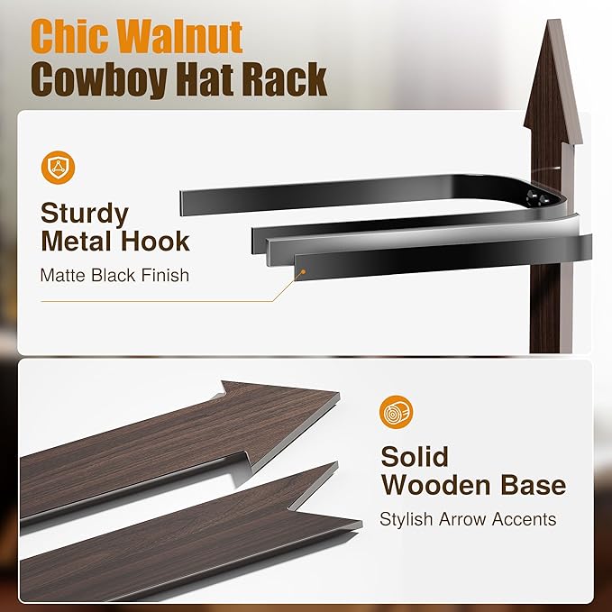 Cinati Cowboy Hat Rack Wall Mount - Wooden Western Rustic Metal Hanger With Arrow Sign Board - Holds up to 4 Hats, Fedora, Sun Hats (1 Pack)