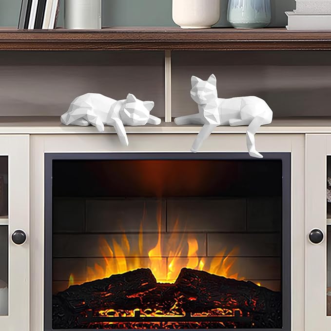 Bookshelf Decor Cat Statue, Modern Geometric Cat Figurines for Living Room Office Shelves Coffee Table Desk Decor – Set of 2 Minimalist Animal Statues (White)